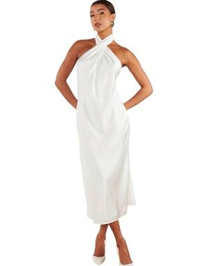 Show Me Your Mumu Jasmine Halter Midi Dress Large White Luxe Satin Fully Lined